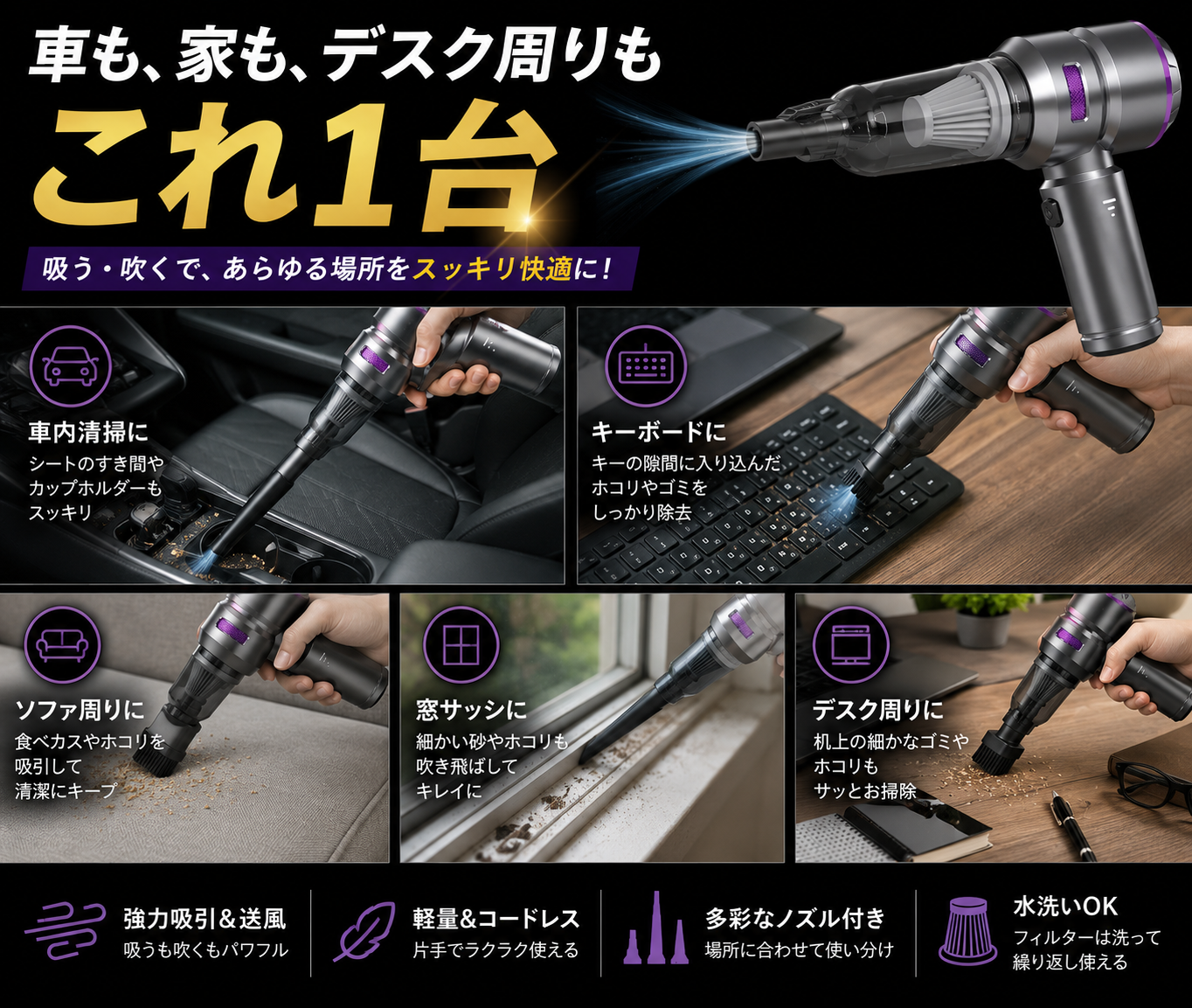 コードレス車用ハンディクリーナー|吸引&エアダスター対応