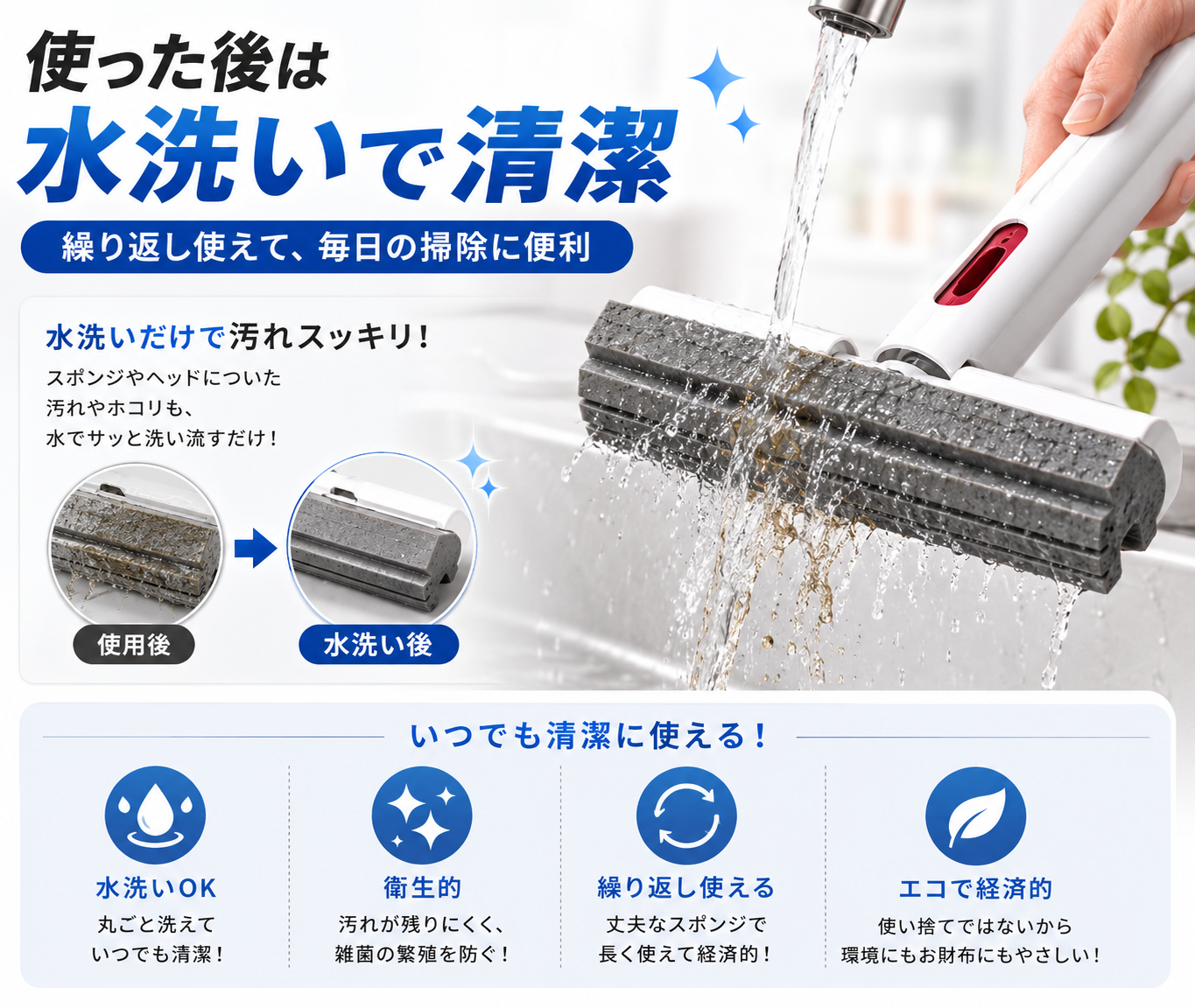 手を汚さない吸水スポンジワイパー｜水拭き・水切り・床掃除に