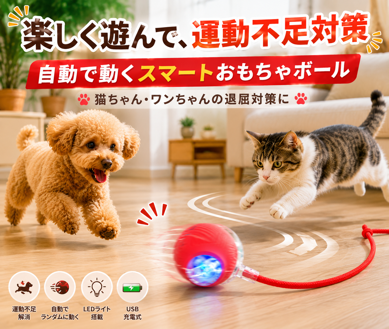 犬猫用スマートおもちゃボール｜自動で転がる充電式ペットトイ
