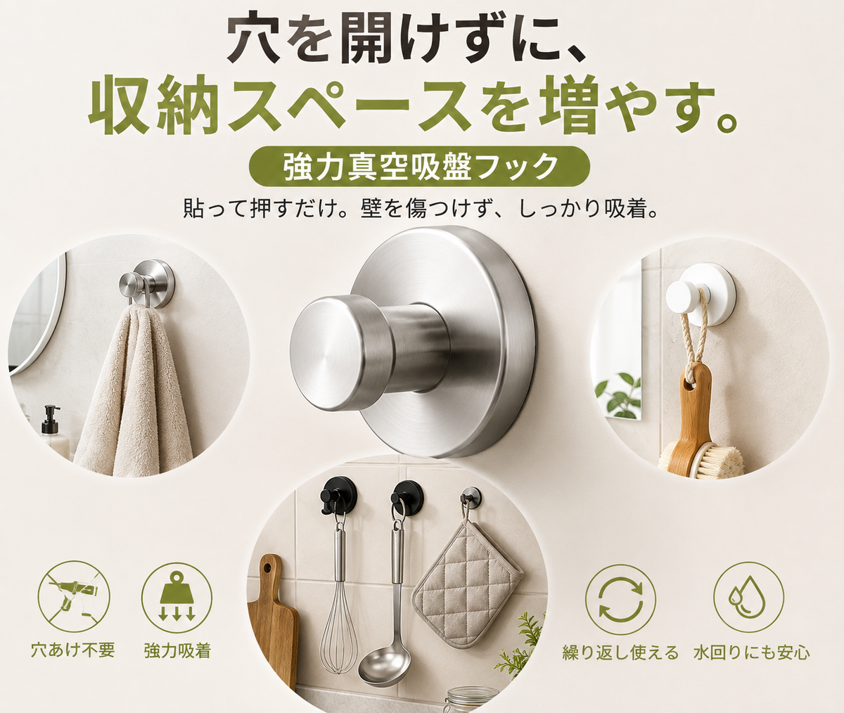 強力真空吸盤フック｜穴あけ不要・ステンレス製