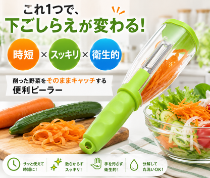 むいた皮をそのままキャッチ！収納チューブ付き多機能ピーラー