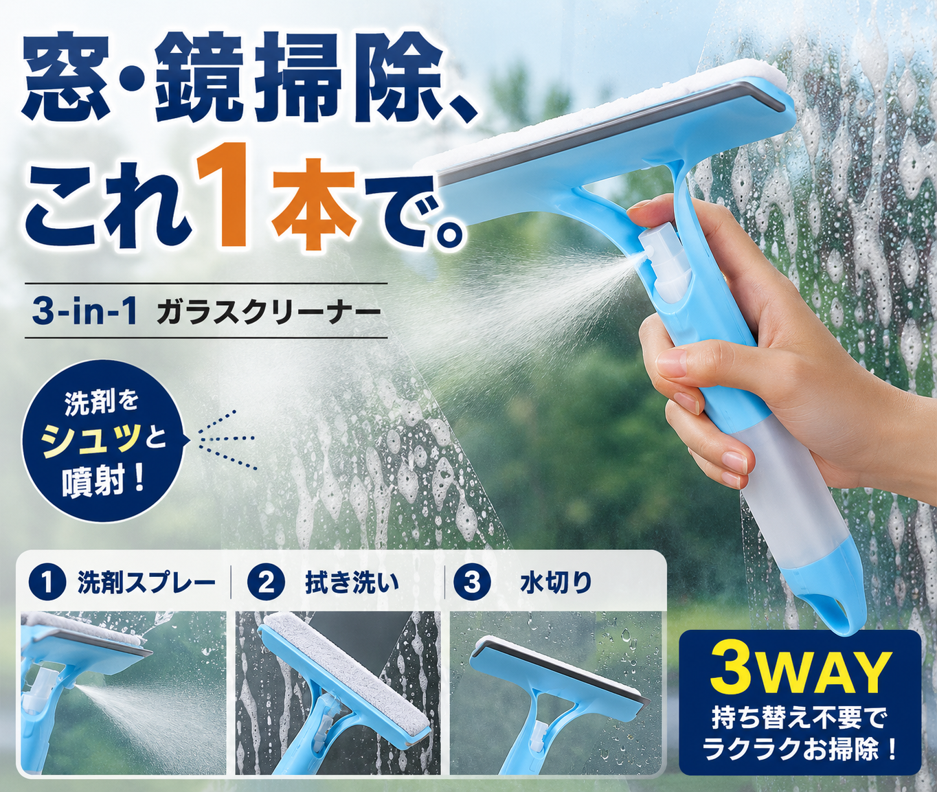 3WAY ガラスクリーナー｜洗剤スプレー・拭き洗い・水切り一体型
