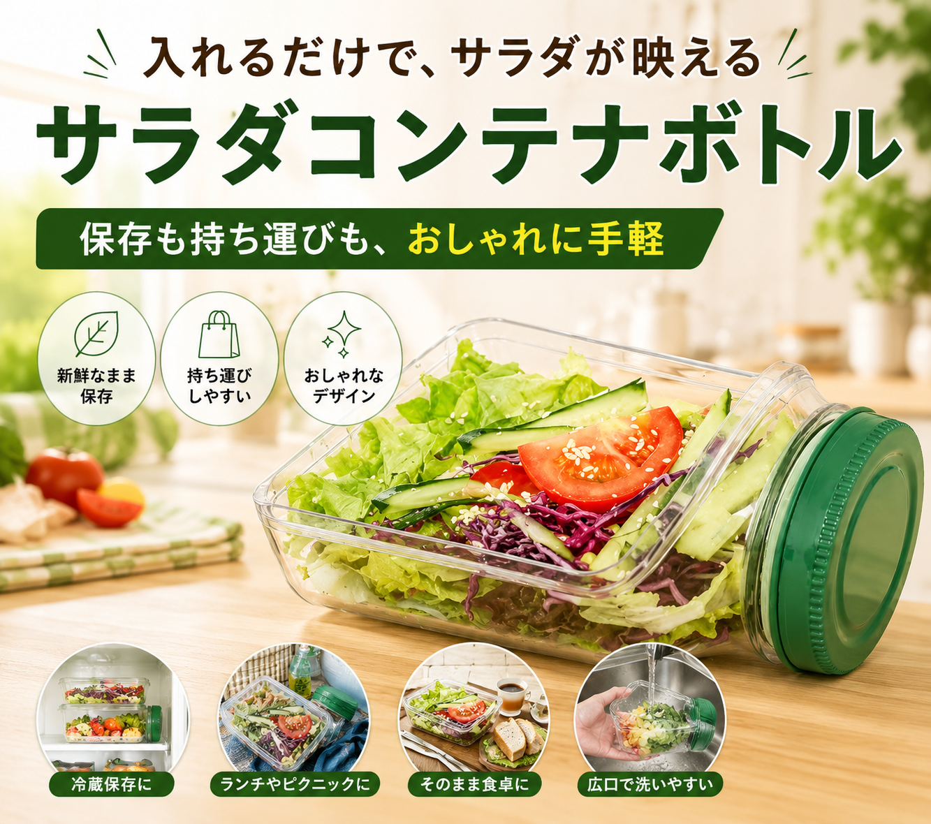 作ったサラダをそのまま持ち運べる｜サラダコンテナボトル