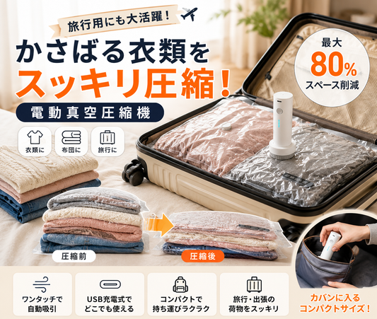 スーツケースがすっきり整う 旅行用電動圧縮バッグ