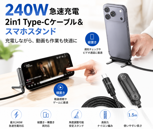 充電しながら立てて使える 2in1 Type-C急速充電ケーブル