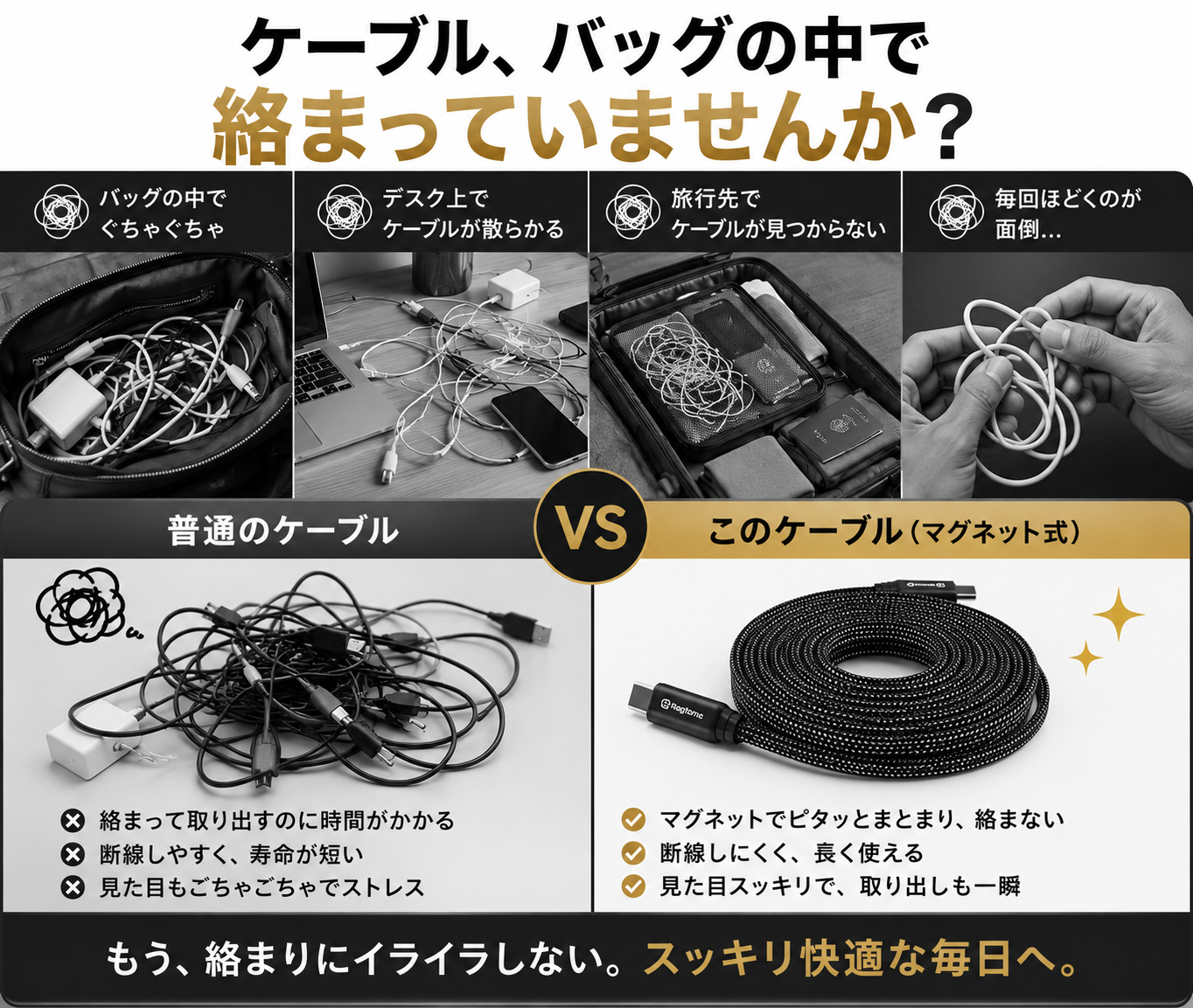 磁気吸着式USB-Cケーブル｜絡みにくいマグネット収納・急速充電対応