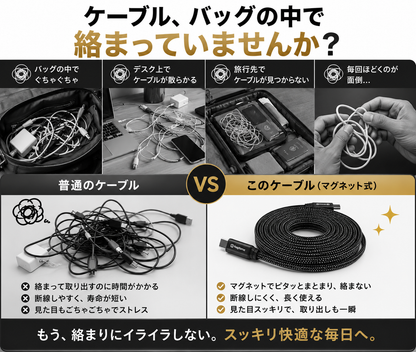 磁気吸着式USB-Cケーブル｜絡みにくいマグネット収納・急速充電対応