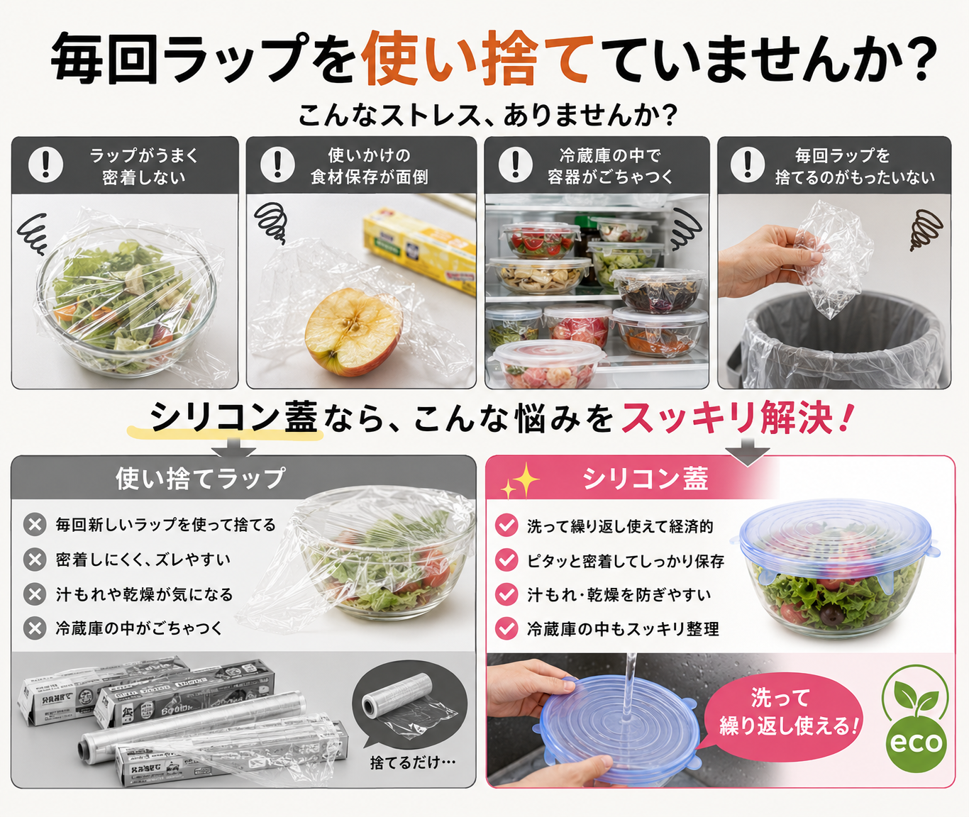 シリコン保存蓋｜繰り返し使える食品ラップ代用カバー 6枚セット