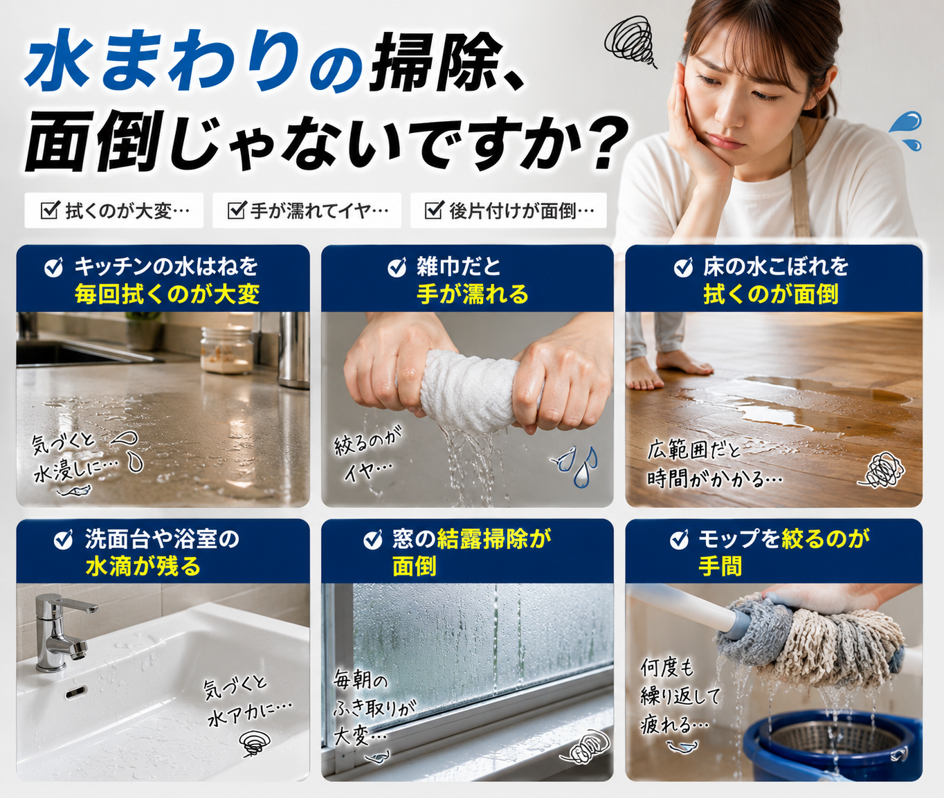 手を汚さない吸水スポンジワイパー｜水拭き・水切り・床掃除に