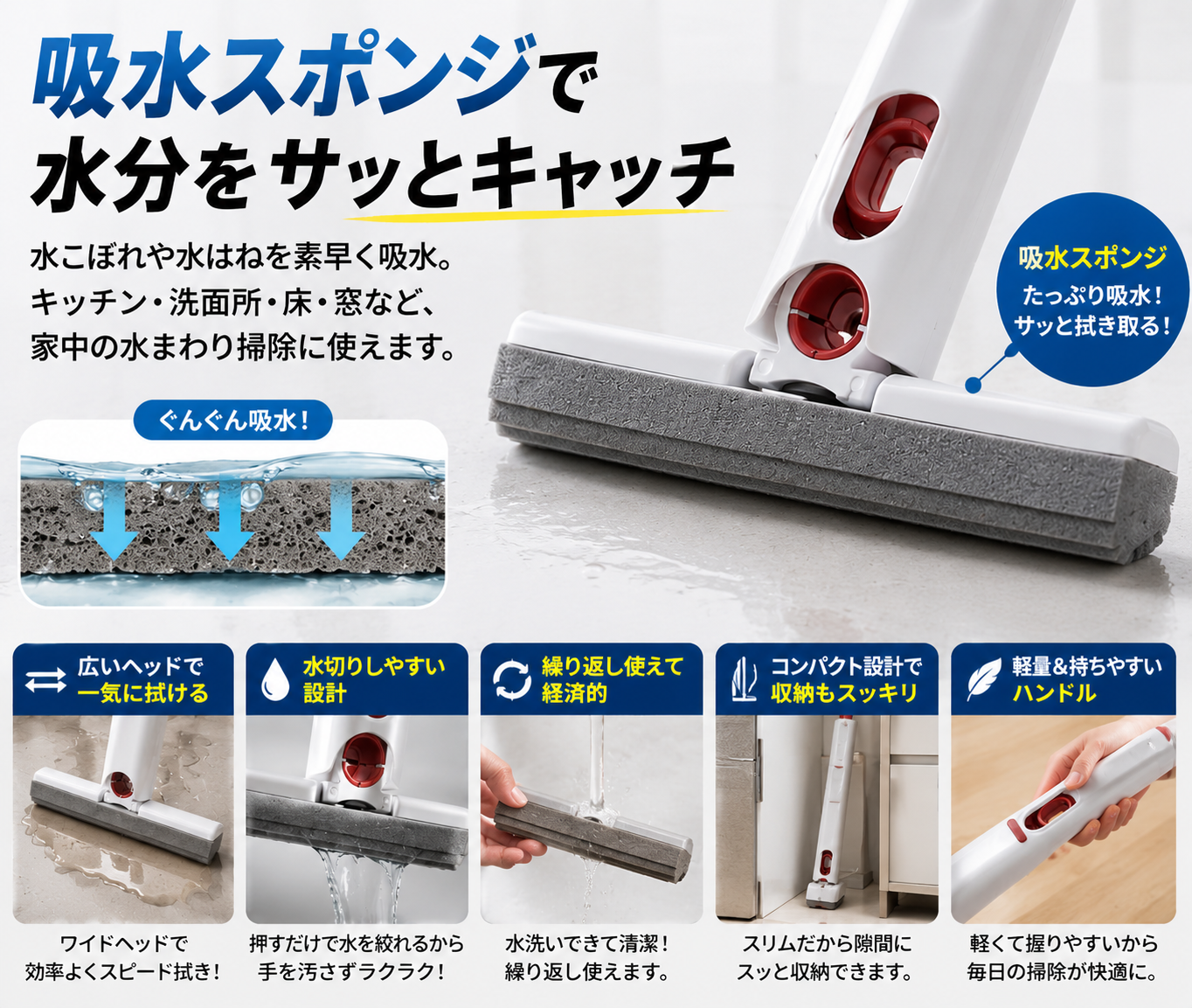 手を汚さない吸水スポンジワイパー｜水拭き・水切り・床掃除に