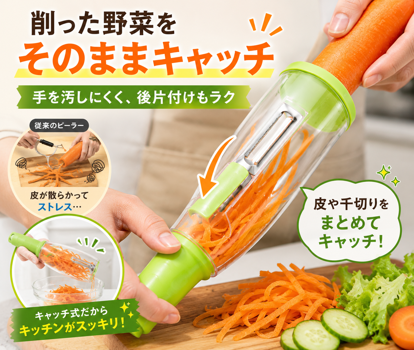 むいた皮をそのままキャッチ！収納チューブ付き多機能ピーラー