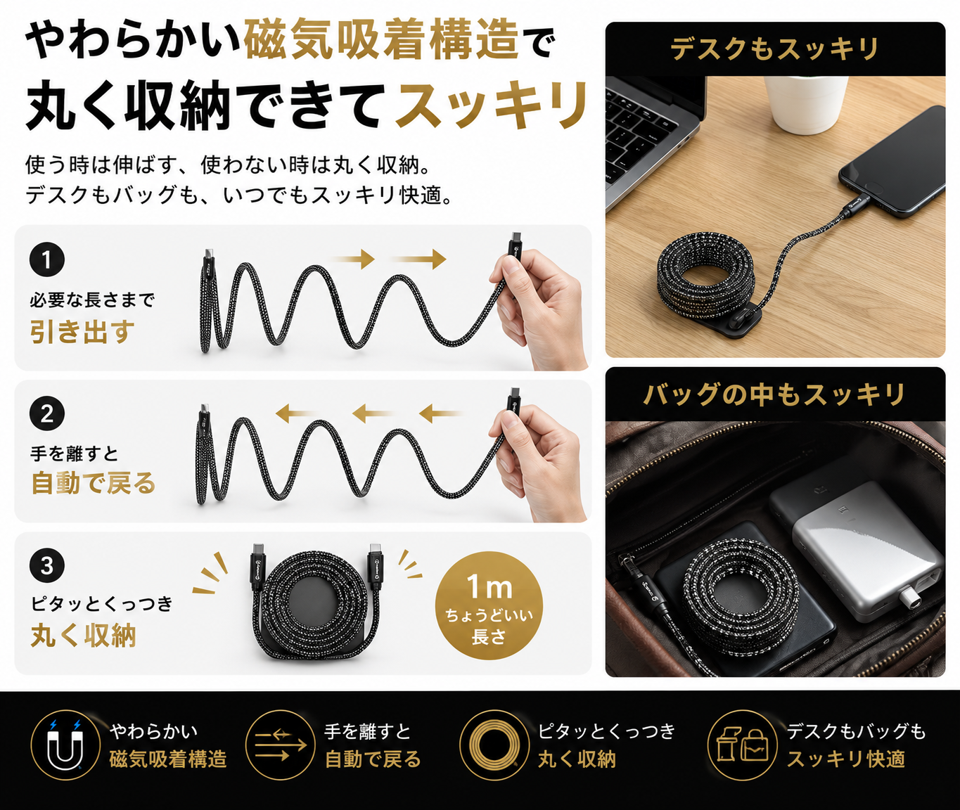 磁気吸着式USB-Cケーブル｜絡みにくいマグネット収納・急速充電対応