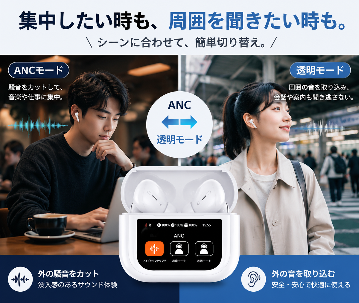 液晶タッチディスプレイ付きワイヤレスイヤホン｜ANC・Bluetooth 6.0・高音質
