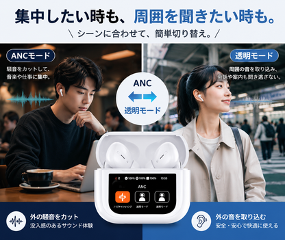 液晶タッチディスプレイ付きワイヤレスイヤホン｜ANC・Bluetooth 6.0・高音質
