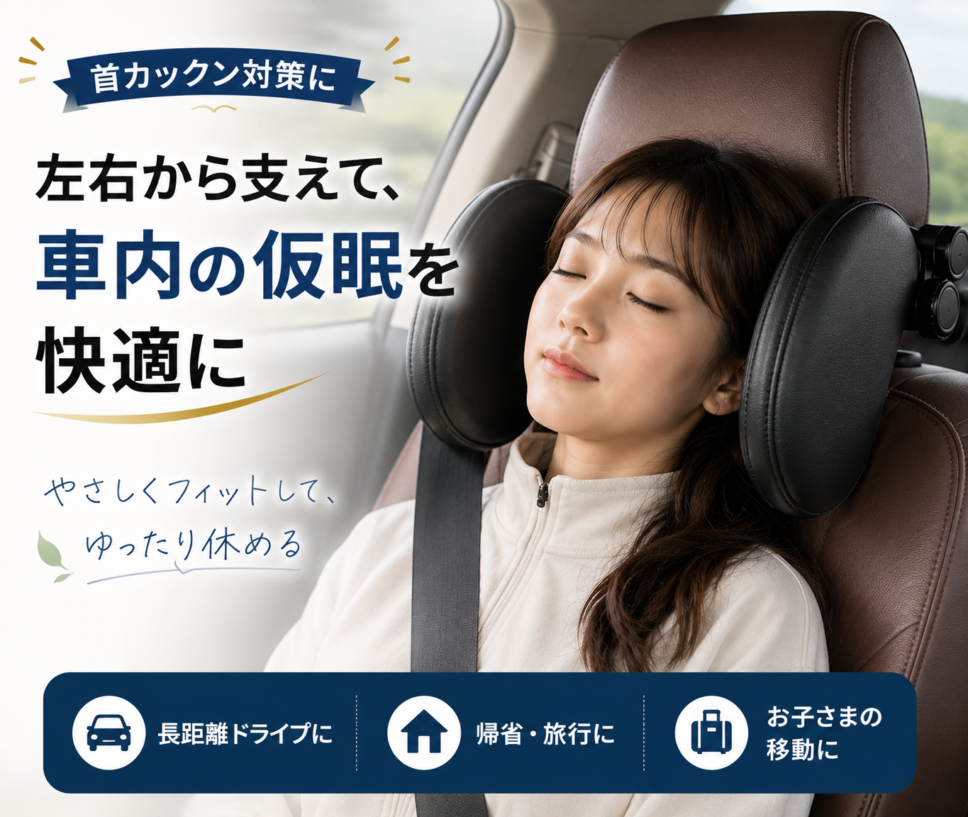 サイズ調整式 車用ヘッドレストピロー｜長距離ドライブの仮眠サポート