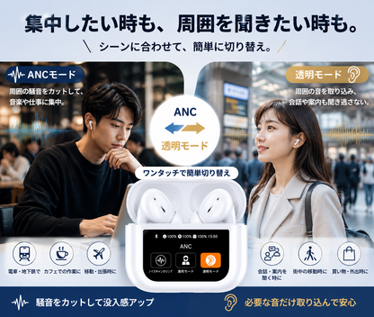 液晶タッチディスプレイ付きワイヤレスイヤホン｜ANC・Bluetooth 6.0・高音質