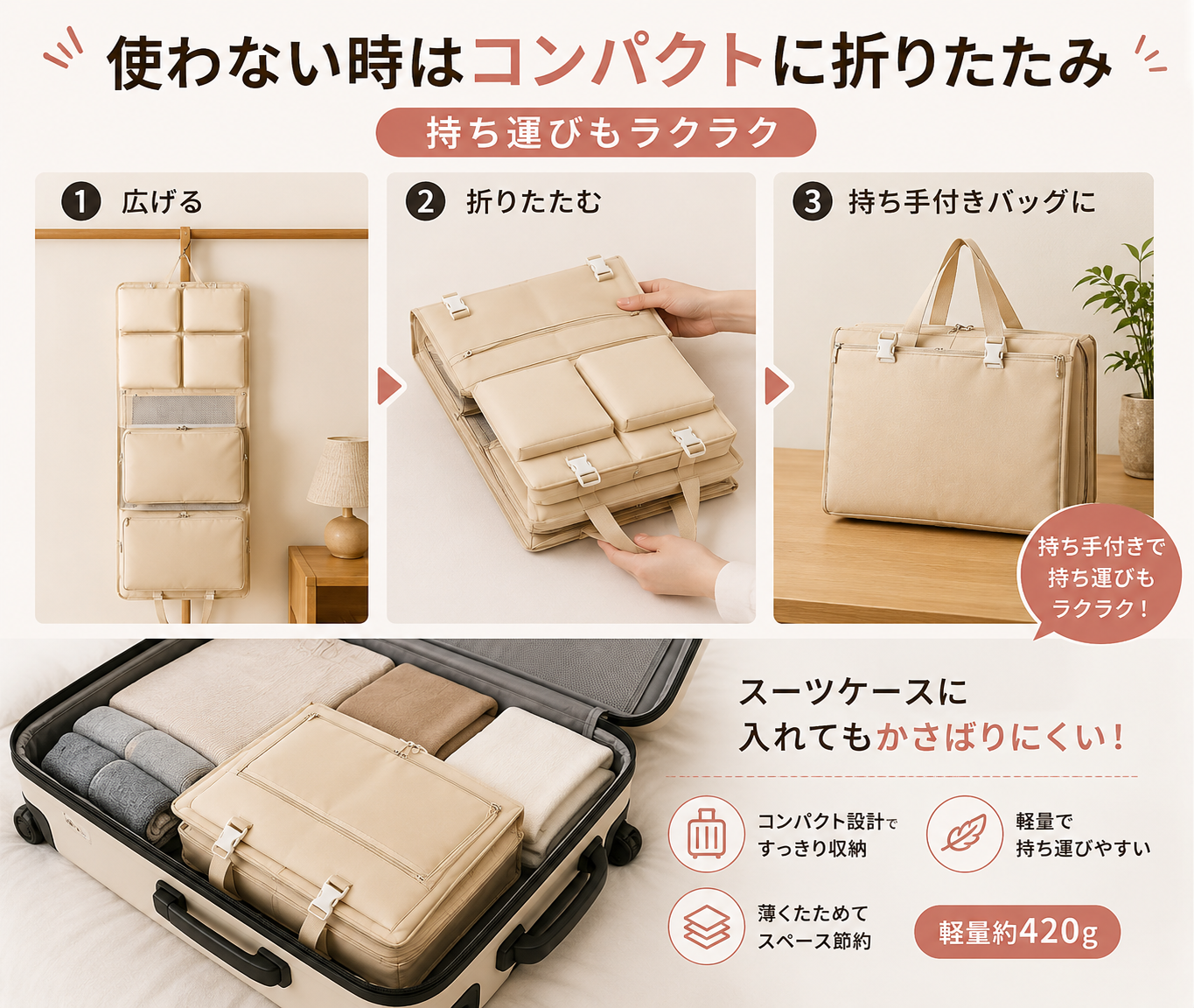 ホテルでそのまま使える 旅行用吊り下げ収納バッグ
