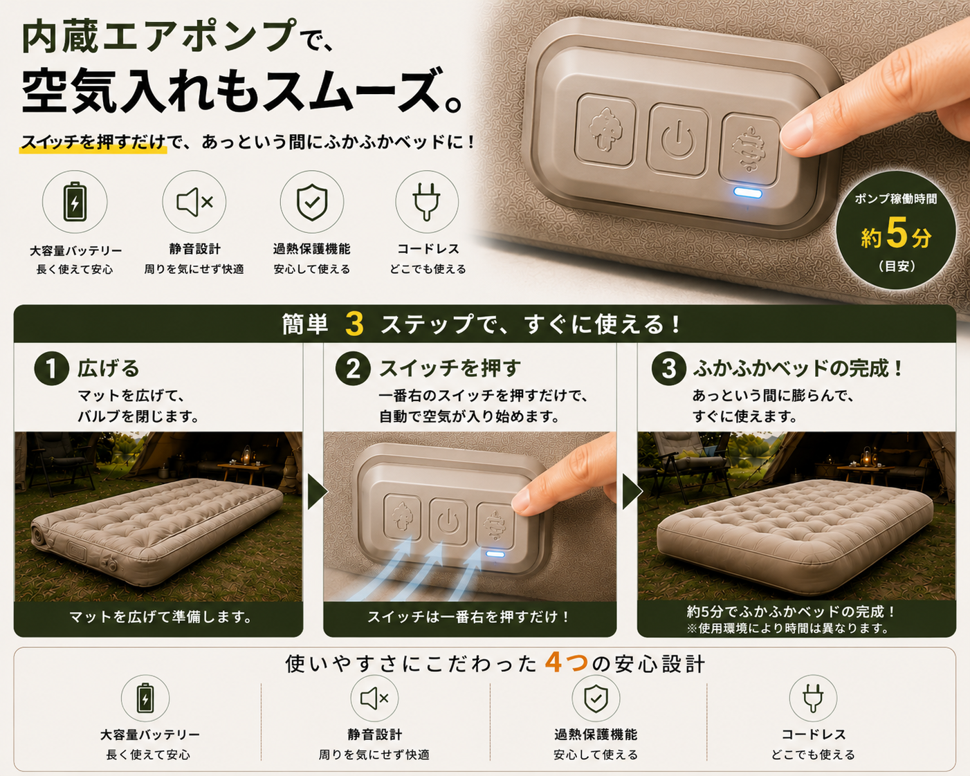 どこでも快眠エアベッド｜キャンプ・来客用に使える極厚ポータブルマットレス