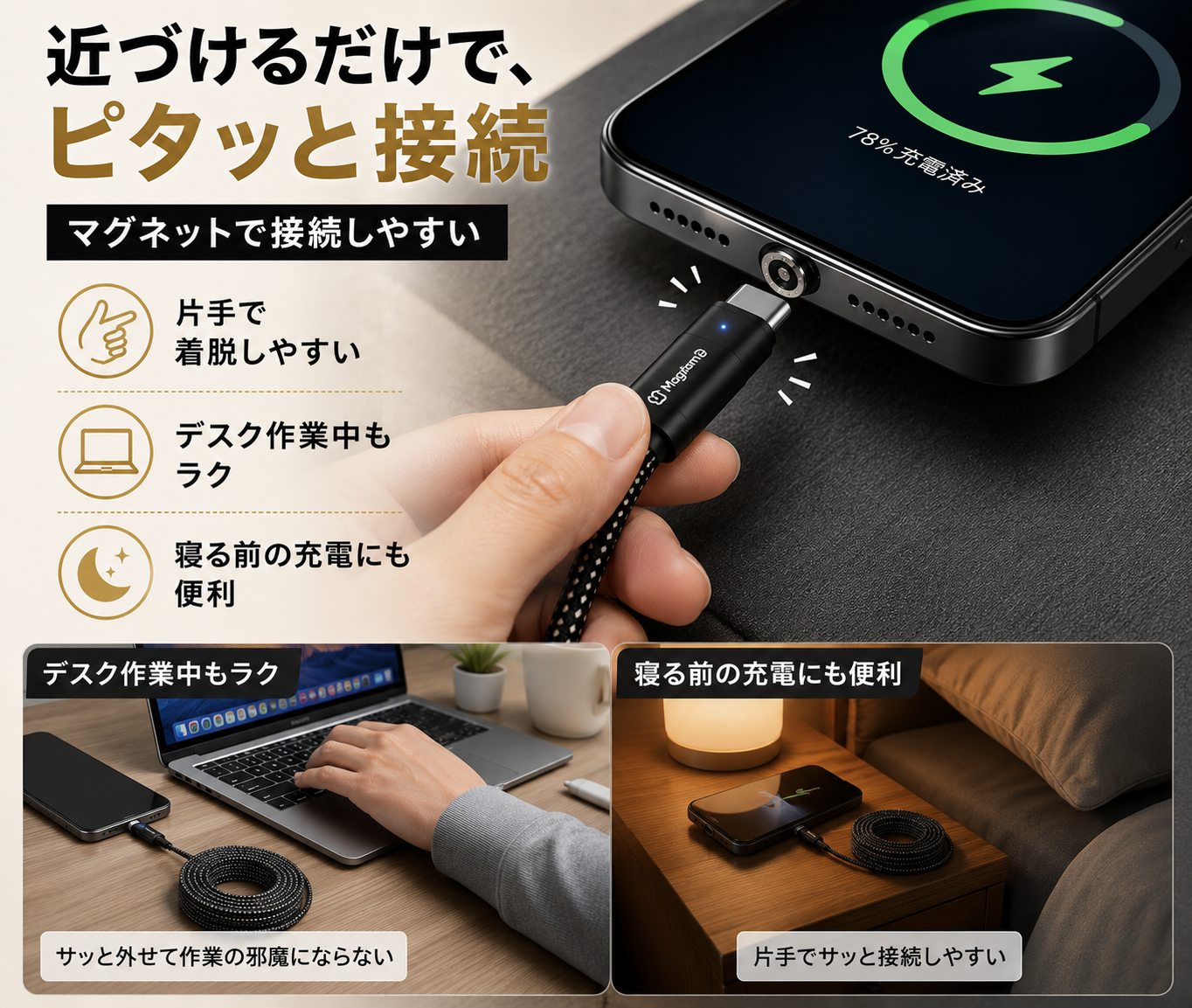 磁気吸着式USB-Cケーブル｜絡みにくいマグネット収納・急速充電対応