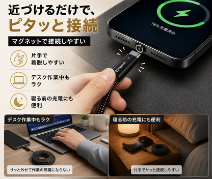 磁気吸着式USB-Cケーブル｜絡みにくいマグネット収納・急速充電対応