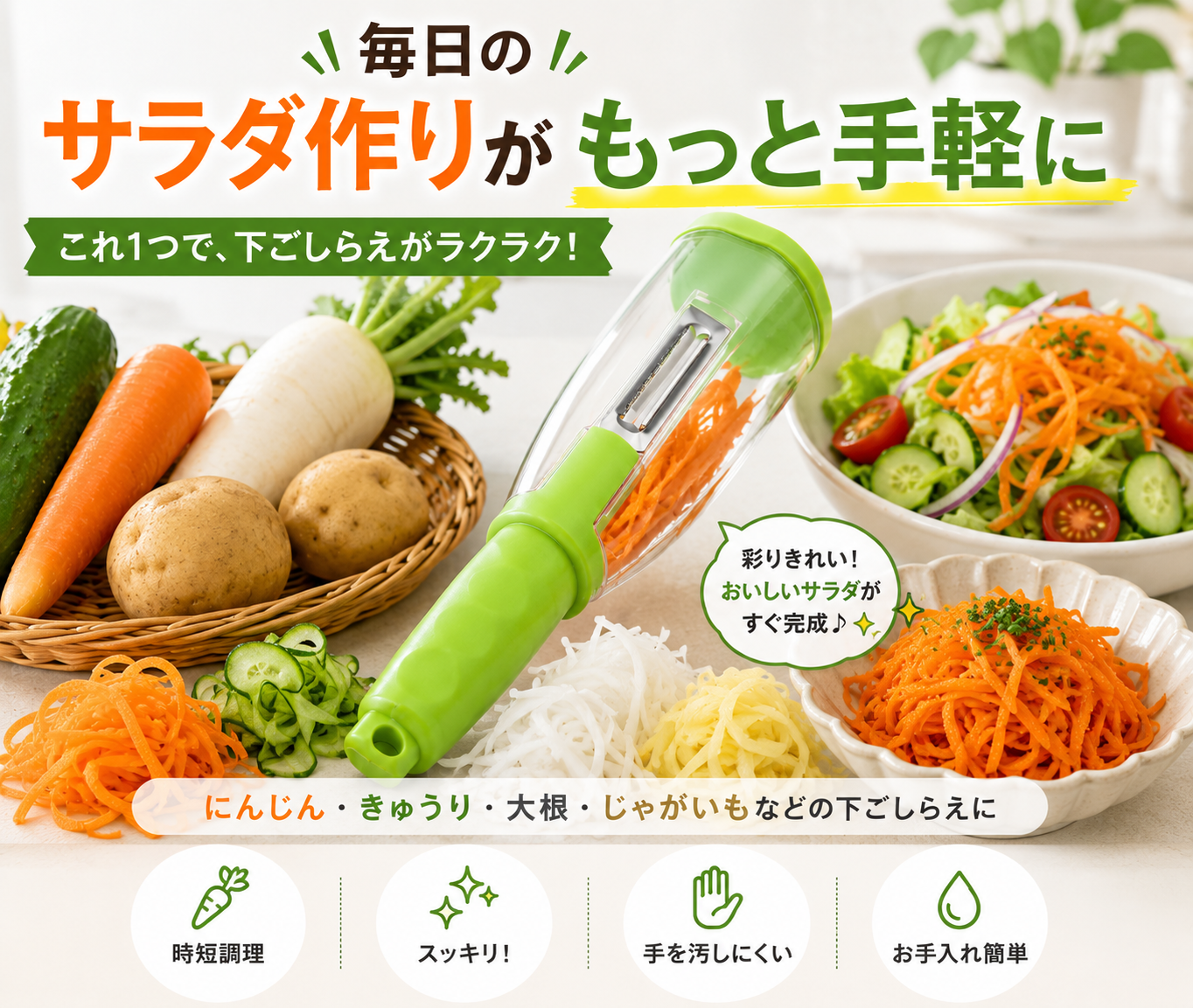 むいた皮をそのままキャッチ！収納チューブ付き多機能ピーラー