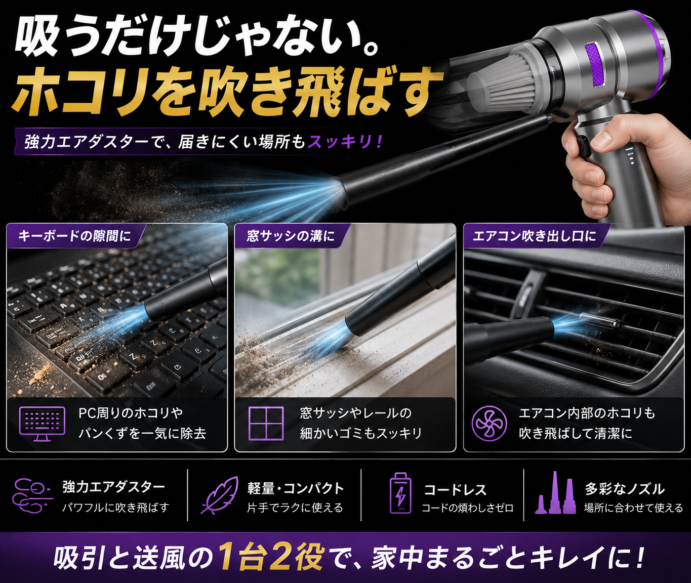 コードレス車用ハンディクリーナー｜吸引＆エアダスター対応