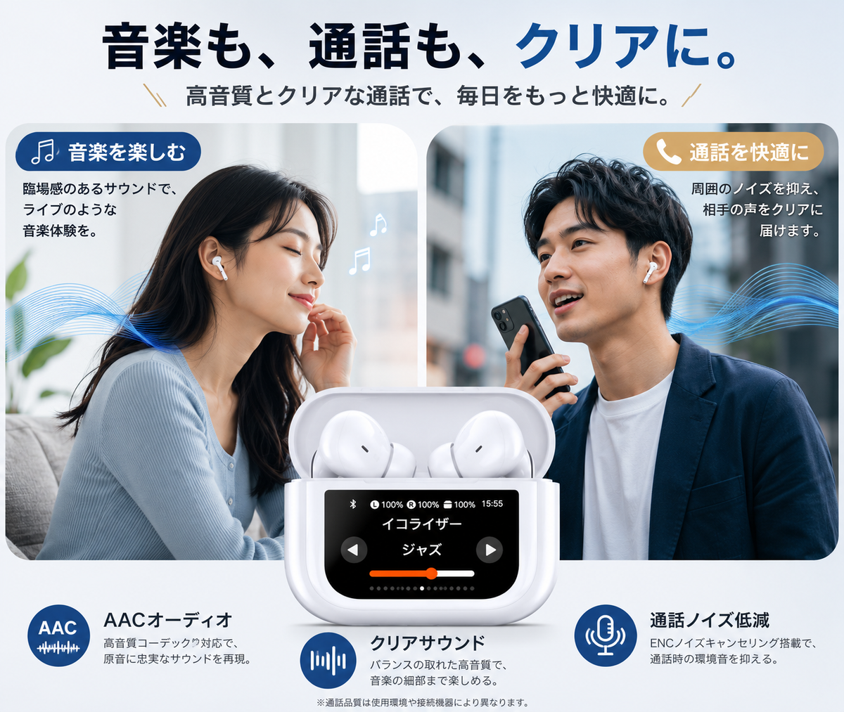液晶タッチディスプレイ付きワイヤレスイヤホン｜ANC・Bluetooth 6.0・高音質