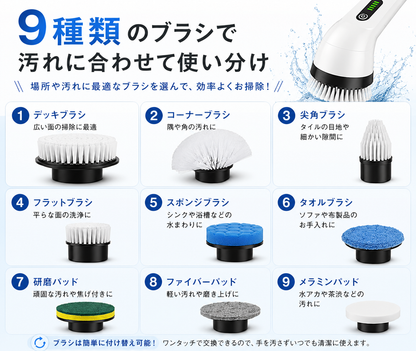 コードレス電動お掃除ブラシ｜浴室・キッチン・洗面台に使える多機能スピンスクラバー