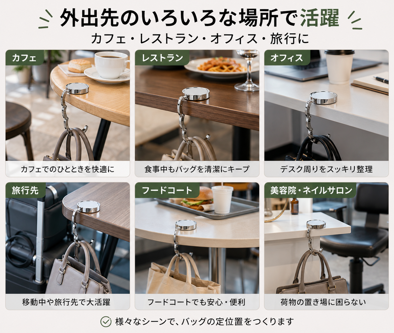 携帯バッグハンガー｜カフェ・レストランで使える折りたたみ式フック