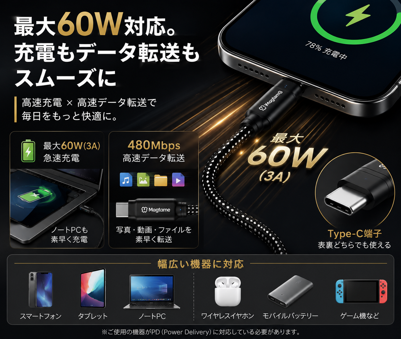 磁気吸着式USB-Cケーブル｜絡みにくいマグネット収納・急速充電対応