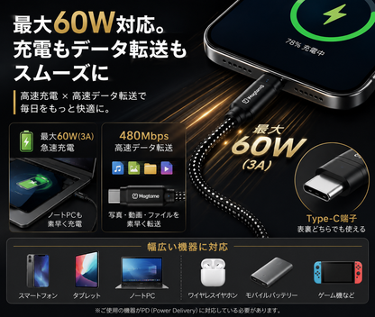 磁気吸着式USB-Cケーブル｜絡みにくいマグネット収納・急速充電対応