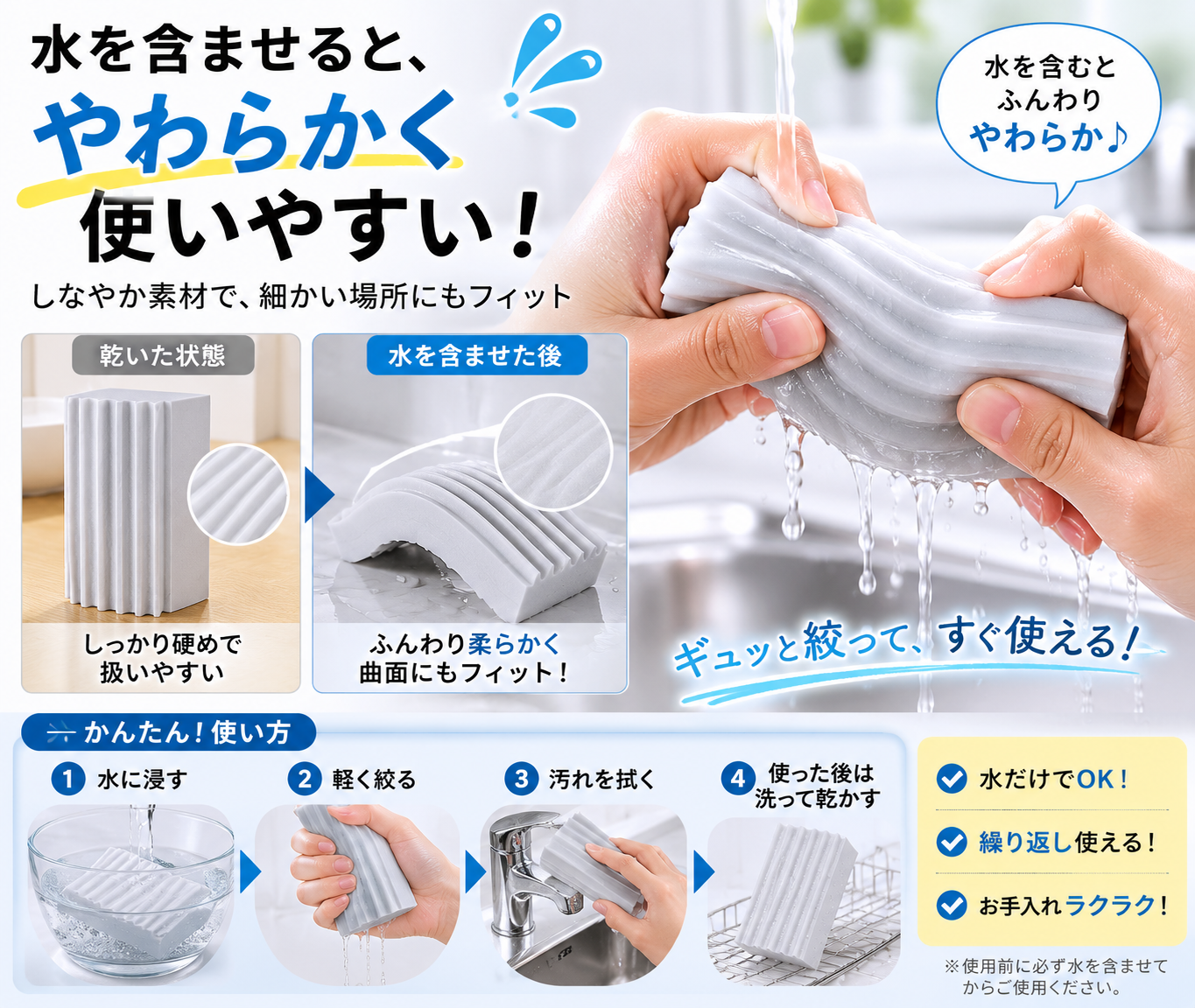 水だけで使える多用途お掃除スポンジ｜キッチン・窓・車内の汚れに