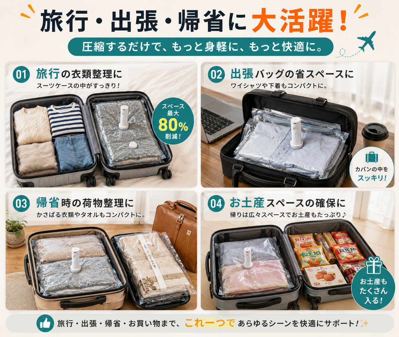 スーツケースがすっきり整う 旅行用電動圧縮バッグ