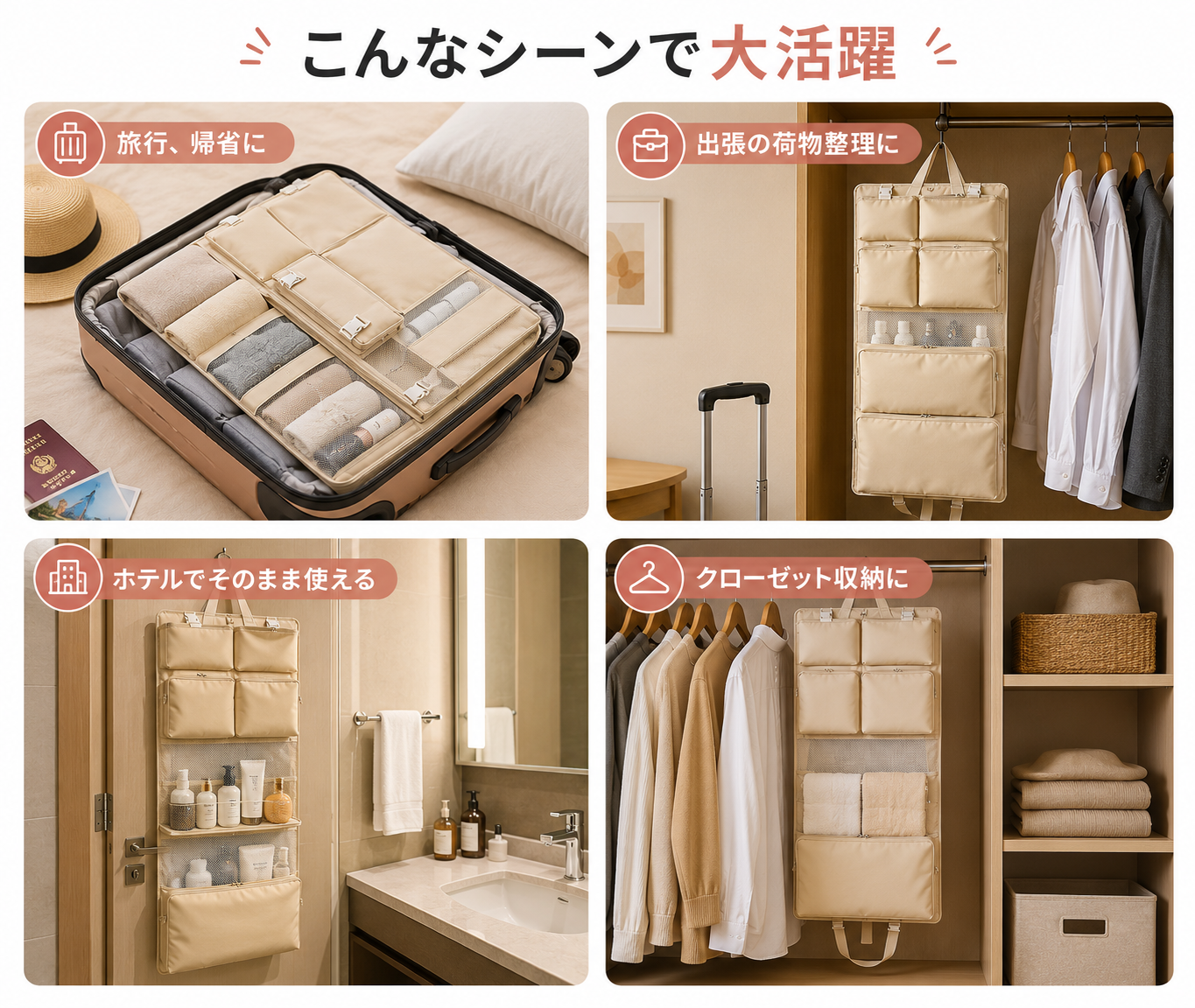 ホテルでそのまま使える 旅行用吊り下げ収納バッグ