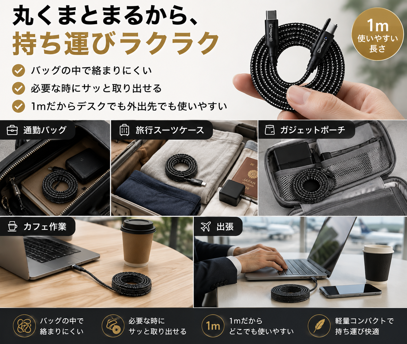 磁気吸着式USB-Cケーブル｜絡みにくいマグネット収納・急速充電対応