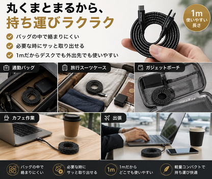 磁気吸着式USB-Cケーブル｜絡みにくいマグネット収納・急速充電対応