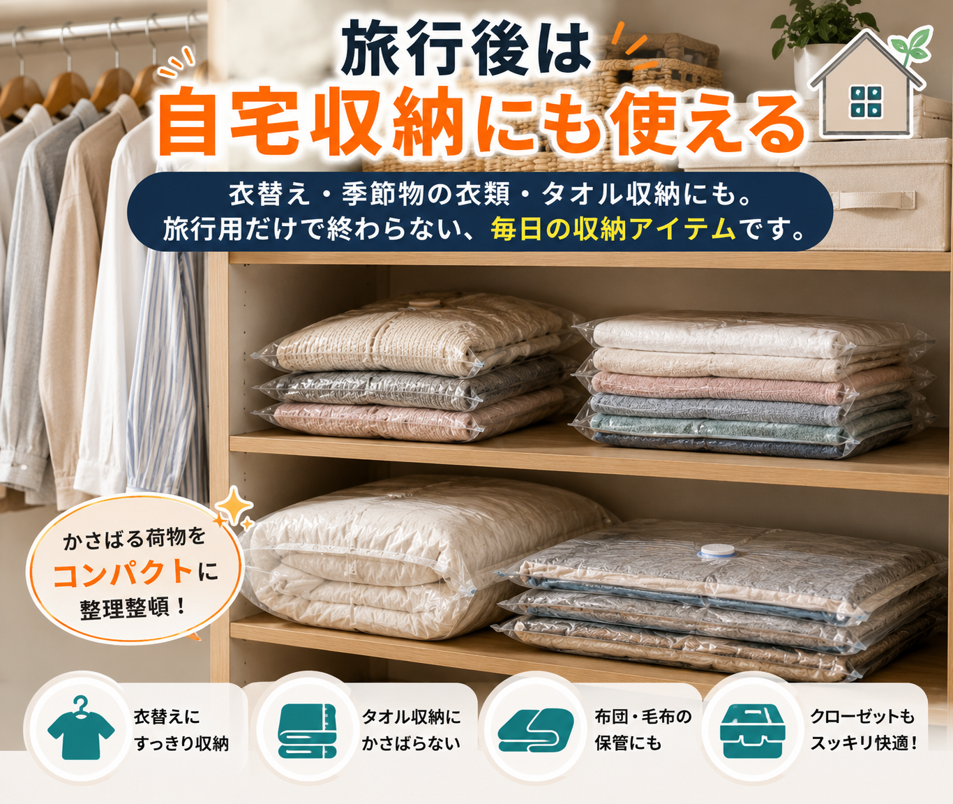 スーツケースがすっきり整う 旅行用電動圧縮バッグ