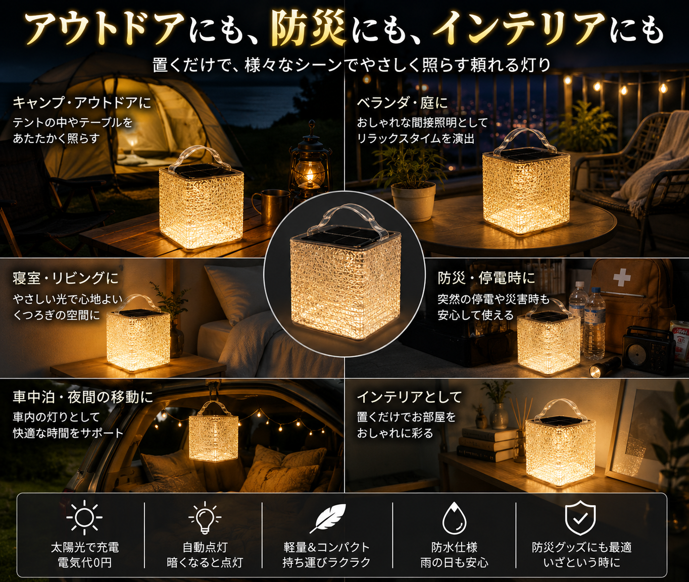 ソーラーランタン｜軽量コンパクト・アウトドアや防災に使えるやさしい灯り