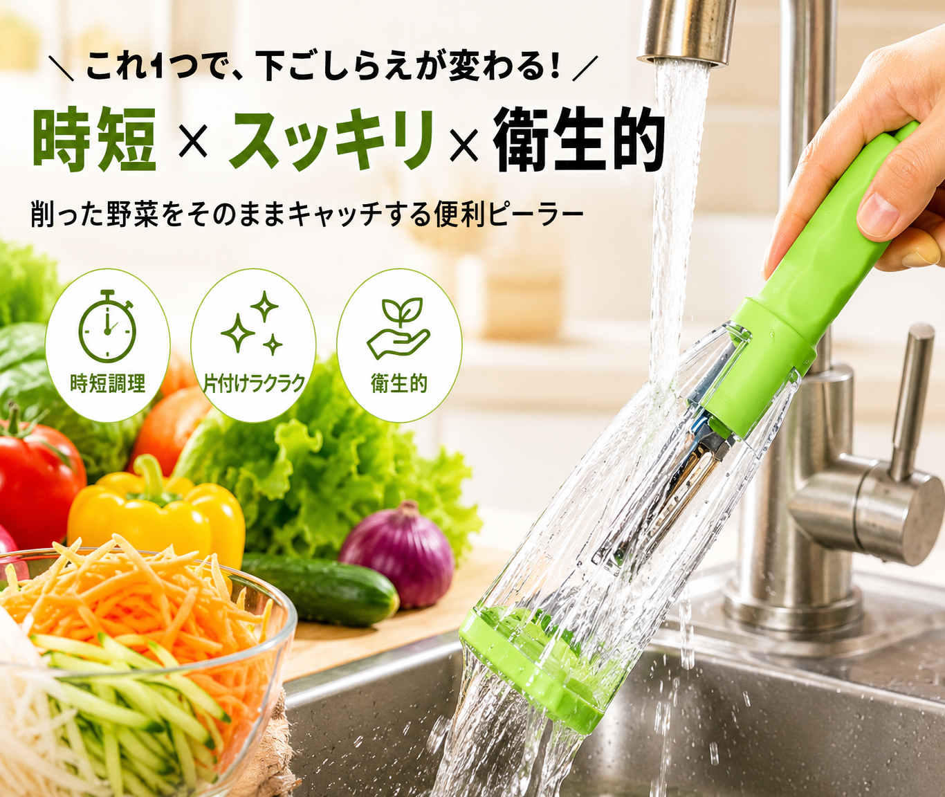 むいた皮をそのままキャッチ！収納チューブ付き多機能ピーラー