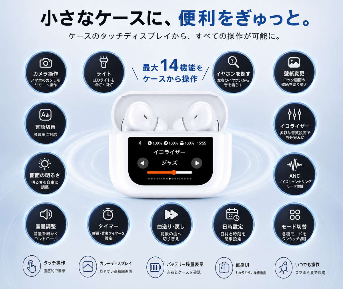 液晶タッチディスプレイ付きワイヤレスイヤホン｜ANC・Bluetooth 6.0・高音質