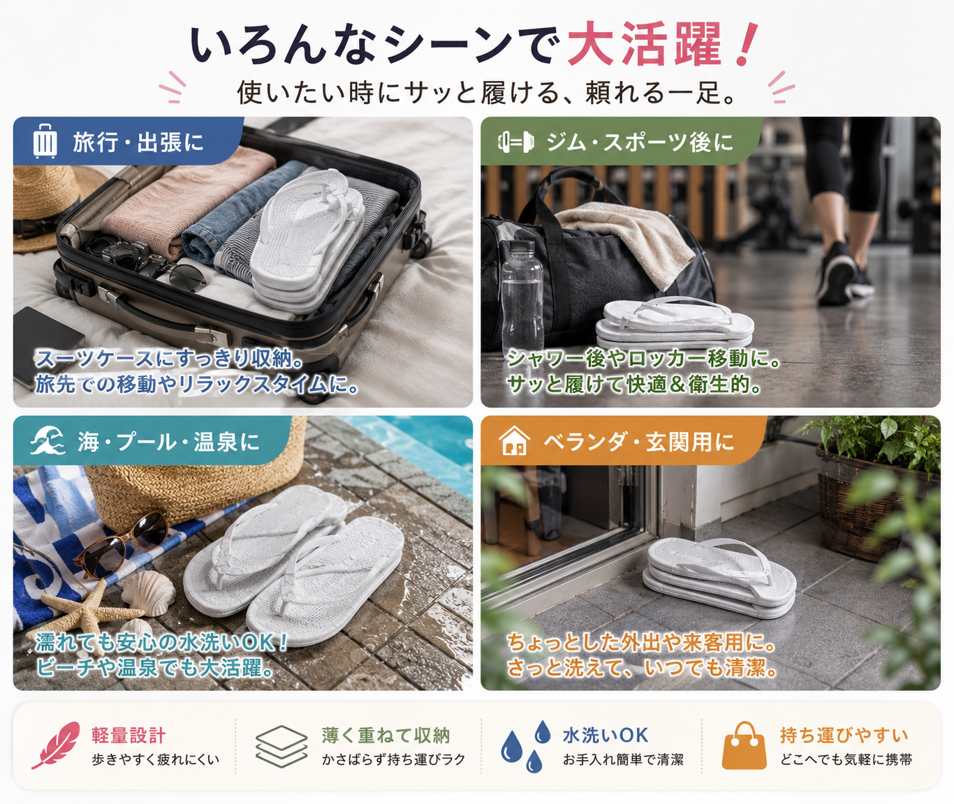 持ち運び軽量サンダル｜水洗いOK・省スペース収納