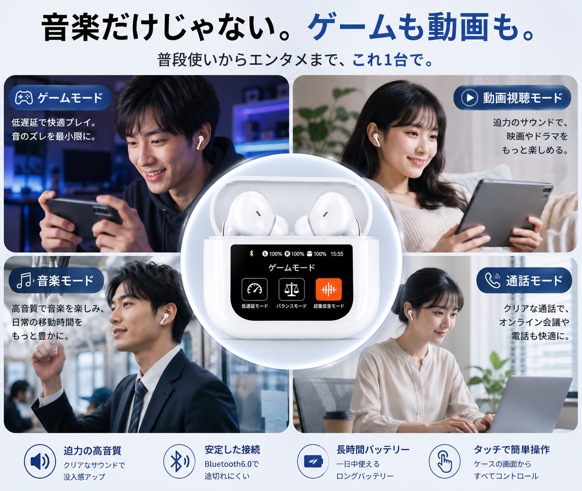 液晶タッチディスプレイ付きワイヤレスイヤホン｜ANC・Bluetooth 6.0・高音質