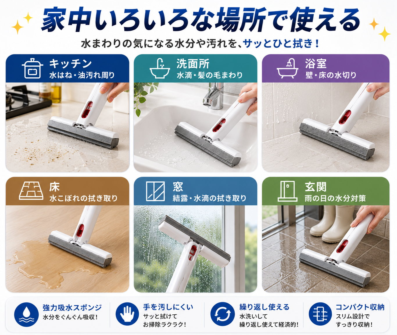 手を汚さない吸水スポンジワイパー｜水拭き・水切り・床掃除に