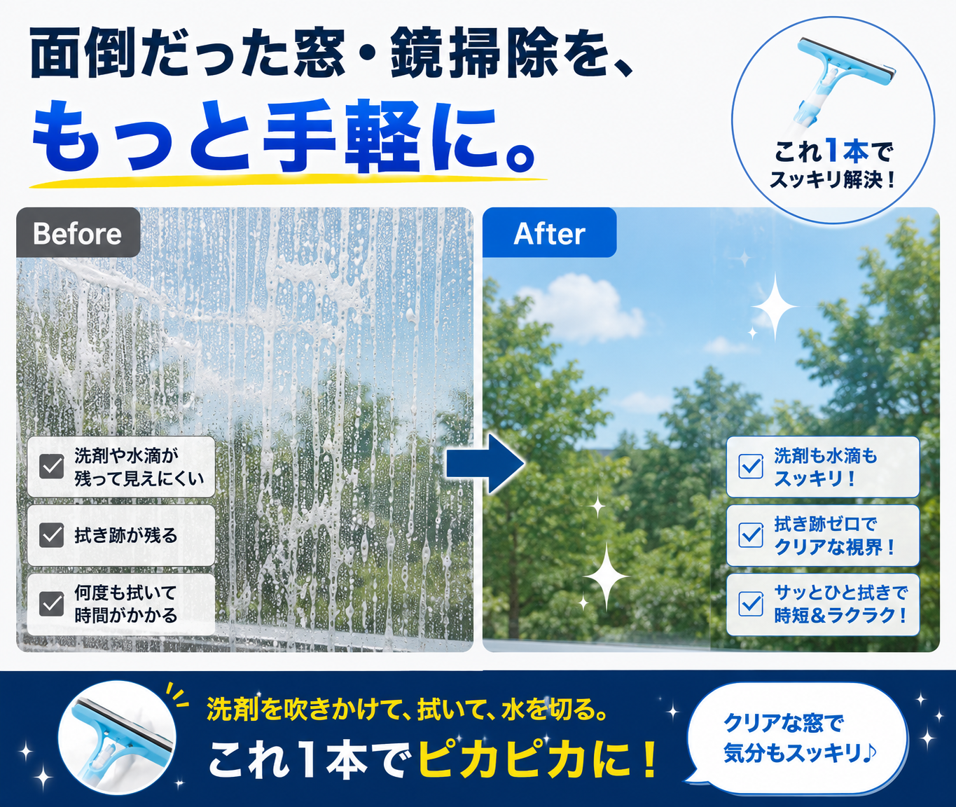 3WAY ガラスクリーナー｜洗剤スプレー・拭き洗い・水切り一体型