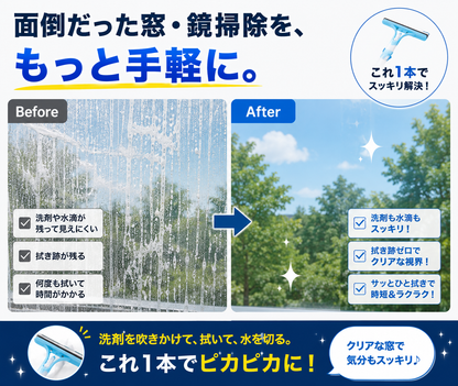 3WAY ガラスクリーナー｜洗剤スプレー・拭き洗い・水切り一体型