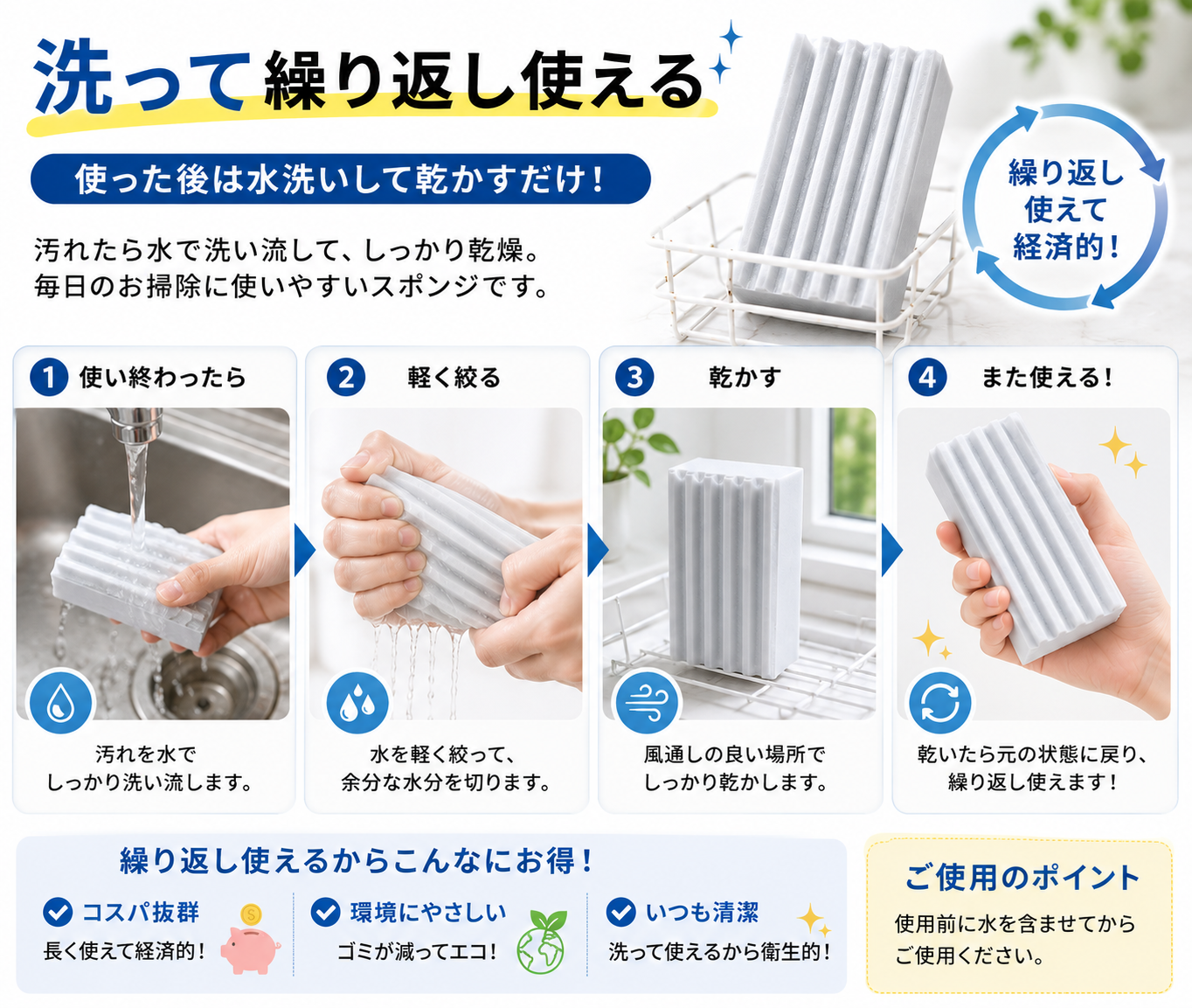 水だけで使える多用途お掃除スポンジ｜キッチン・窓・車内の汚れに