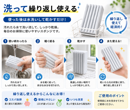 水だけで使える多用途お掃除スポンジ｜キッチン・窓・車内の汚れに