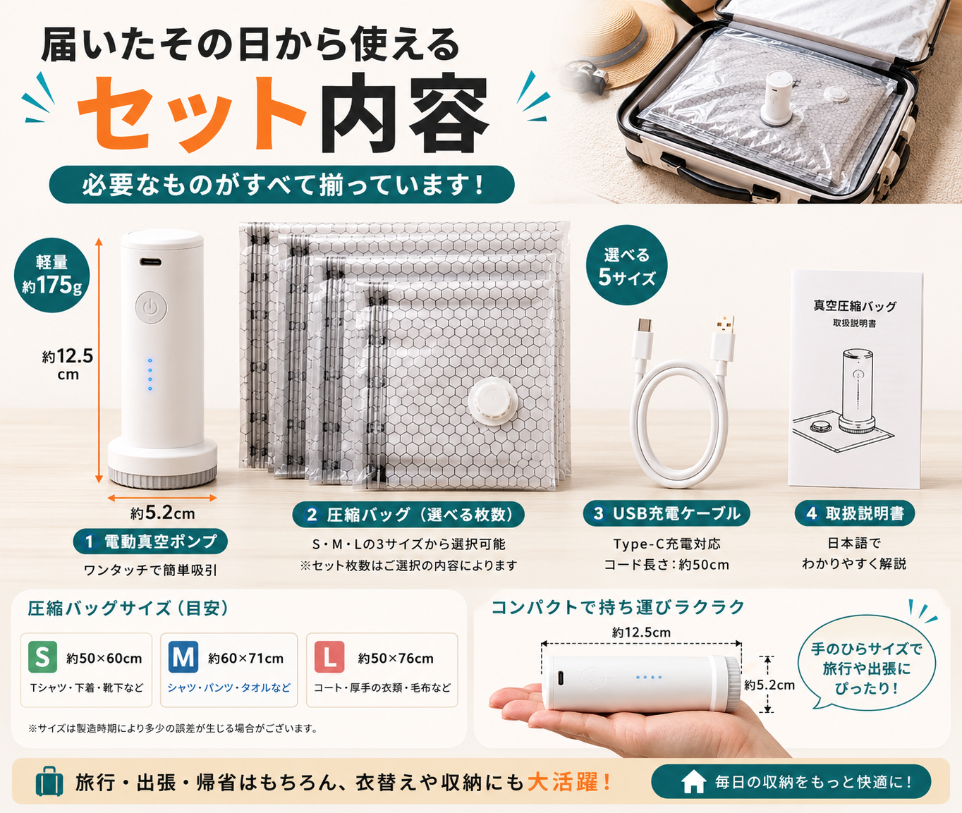 スーツケースがすっきり整う 旅行用電動圧縮バッグ