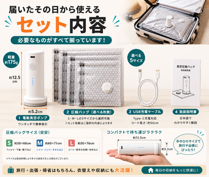 スーツケースがすっきり整う 旅行用電動圧縮バッグ