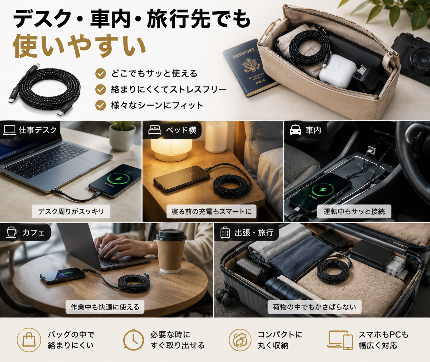 磁気吸着式USB-Cケーブル｜絡みにくいマグネット収納・急速充電対応
